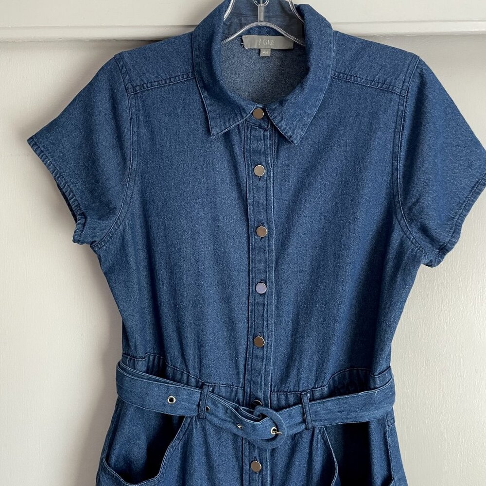 J GEE Denim Blue Jean Shirt Dress Size MP Short Sleeve Button Belted Pockets VTG - Picture 8 of 10